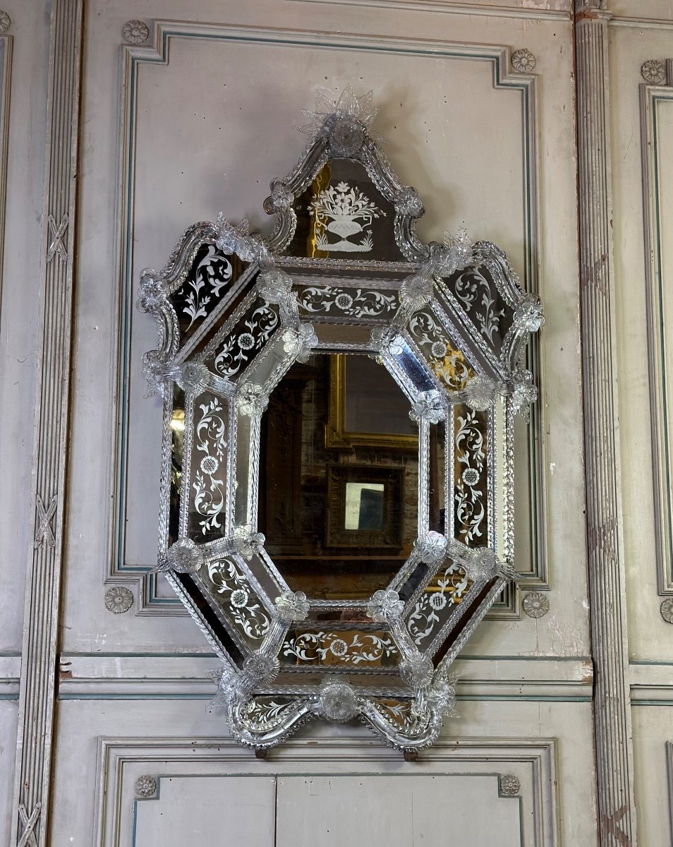 Important Venetian Mirror In Colorless Murano Glass, Circa 1880