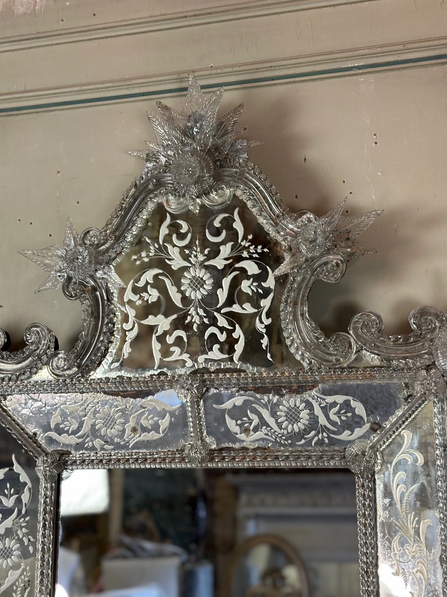 Large Venetian Mirror In Colorless Murano Glass Circa 1850-photo-2
