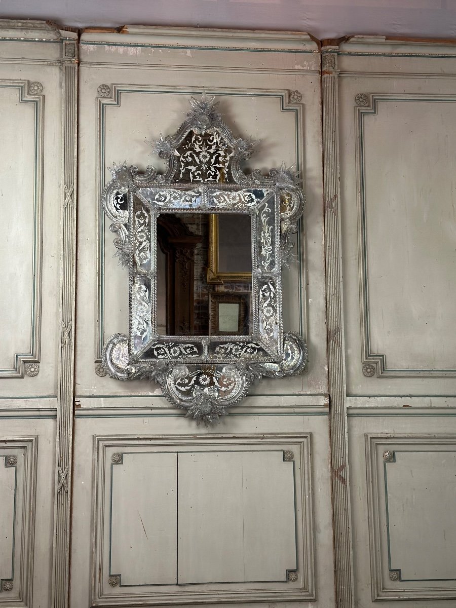 Large Venetian Mirror In Colorless Murano Glass Circa 1850-photo-3