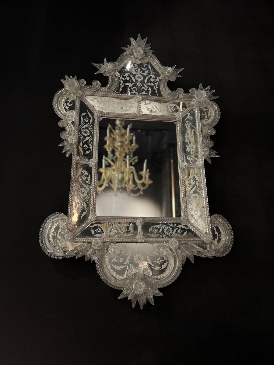Grand Miroir Vénitien En Verre De Murano Incolore Vers 1850-photo-4