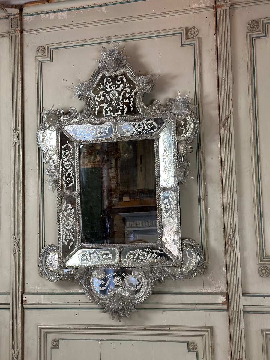 Grand Miroir Vénitien En Verre De Murano Incolore Vers 1850