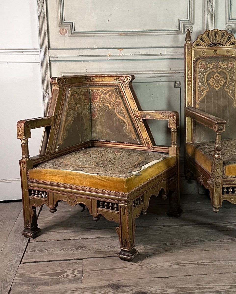 Orientalist Pair Of Corner Armchairs And An Bench In Carved And Polychromed Wood Circa 1900-photo-5