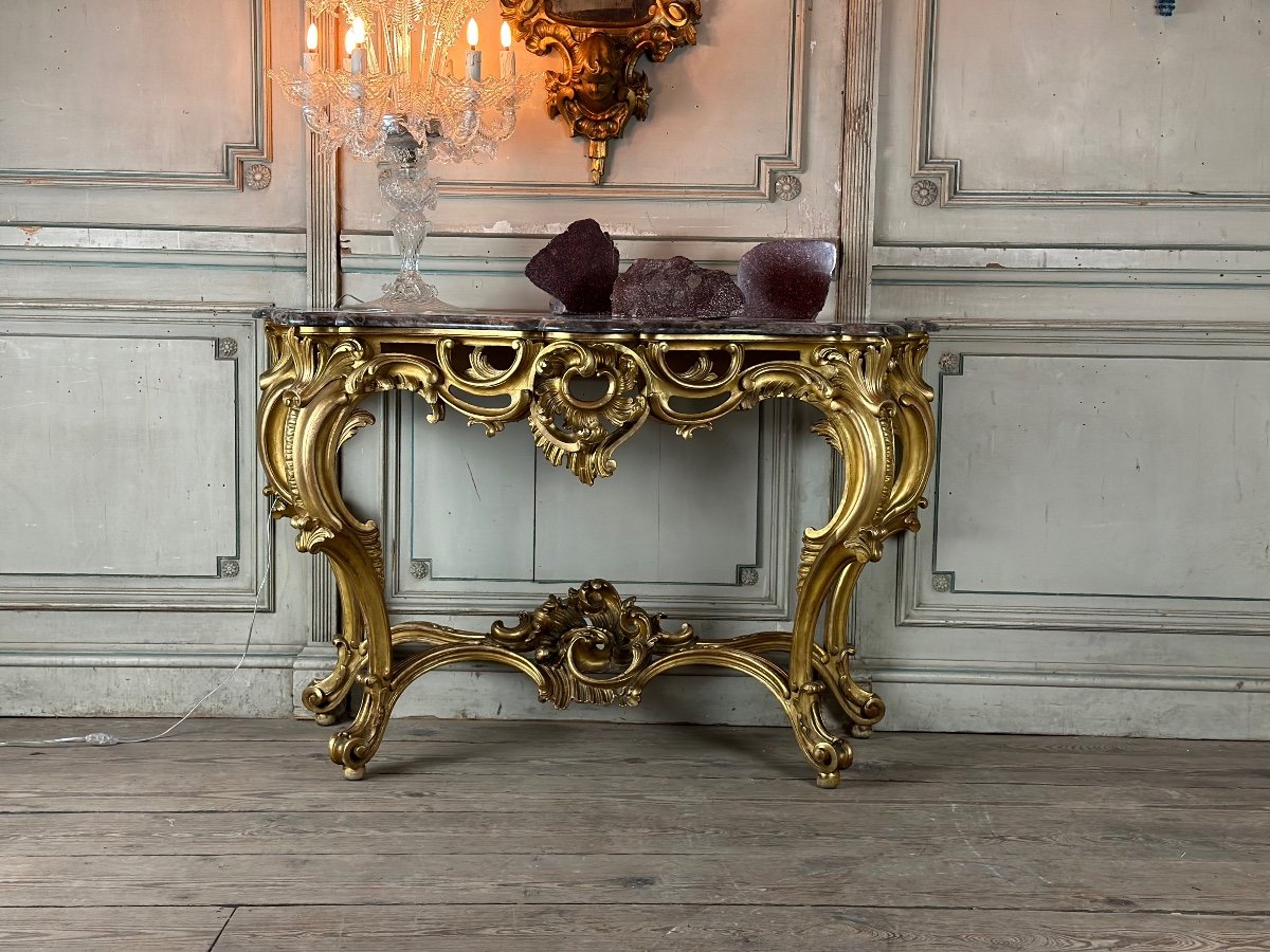 Console De Style Louis XV En Bois Sculpté Doré, Italie Vers 1880-photo-2