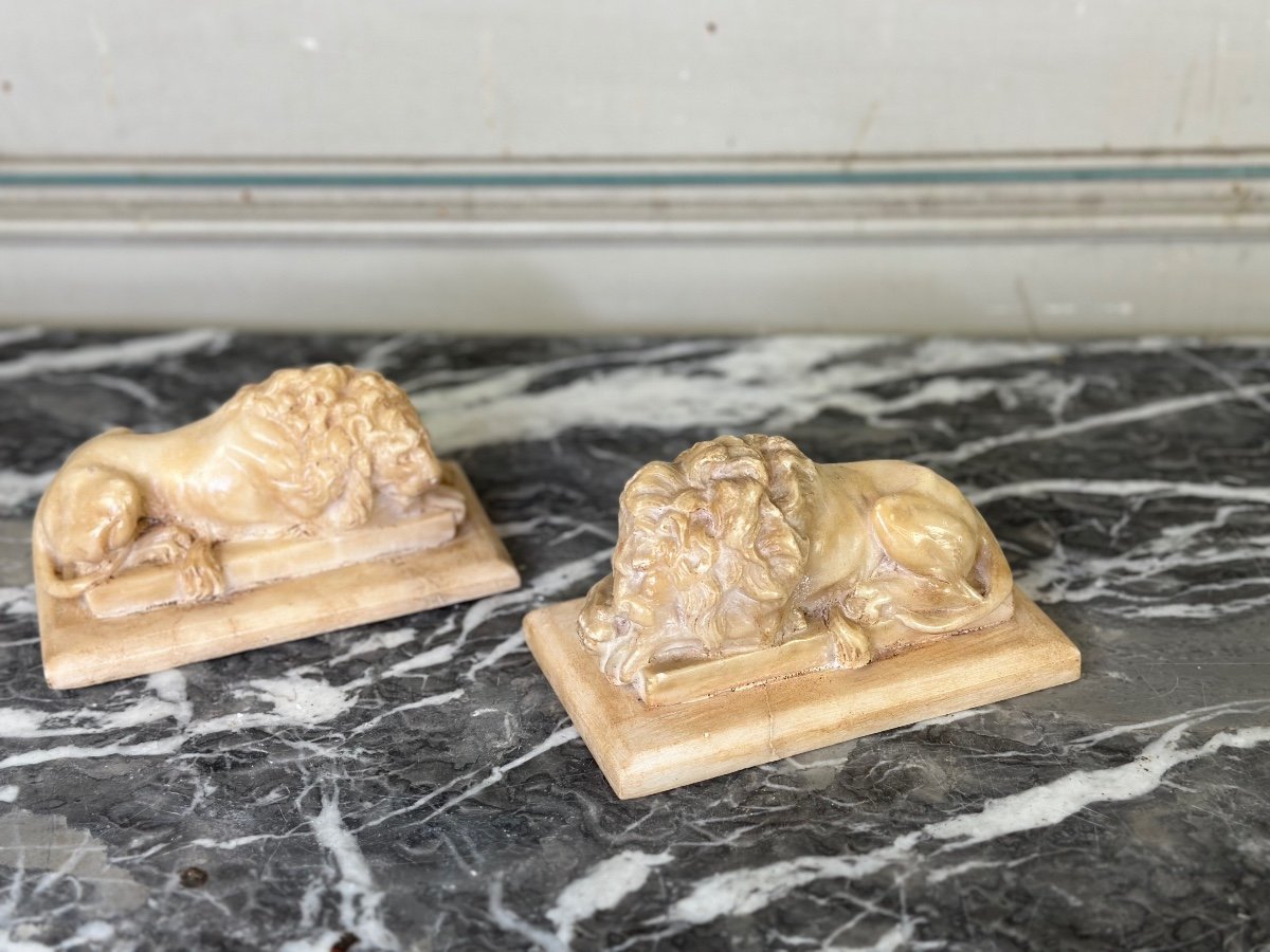 Pair Of Lions After Canova, Alabaster Sculpture Circa 1880-photo-8