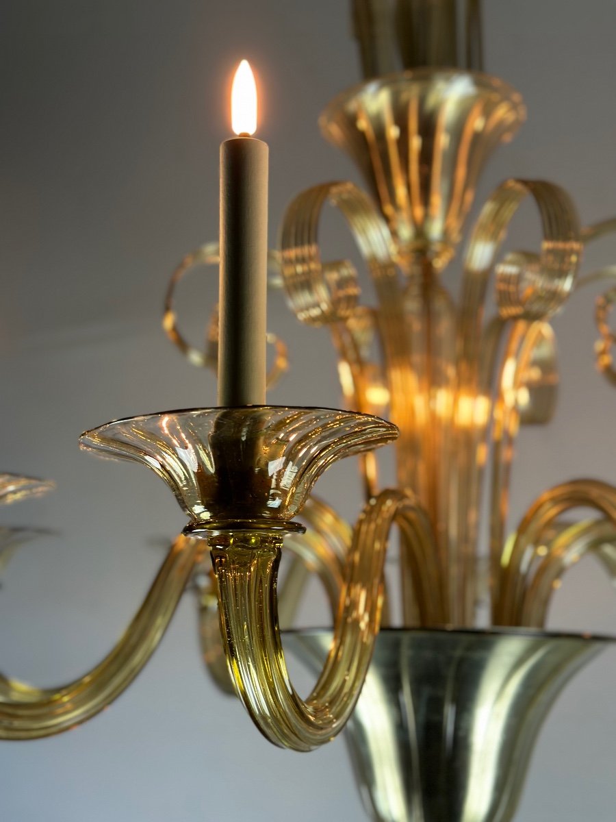 Venetian Chandelier In Golden Murano Glass, 8 Arms Of Light Circa 1940-photo-1