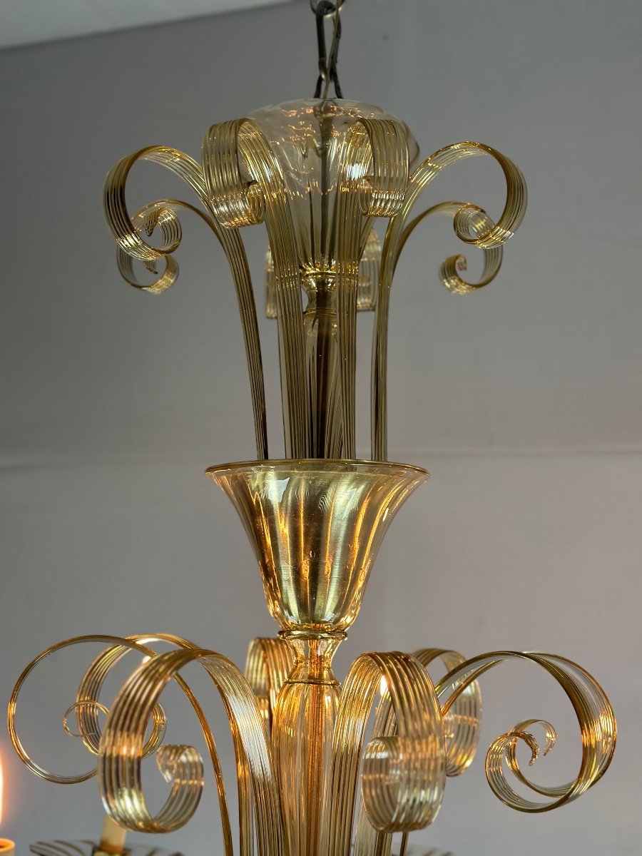 Venetian Chandelier In Golden Murano Glass, 8 Arms Of Light Circa 1940-photo-2