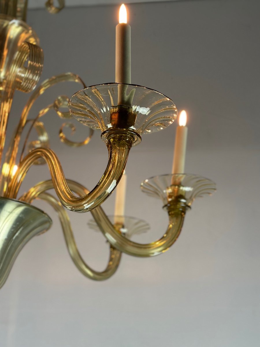 Venetian Chandelier In Golden Murano Glass, 8 Arms Of Light Circa 1940-photo-4