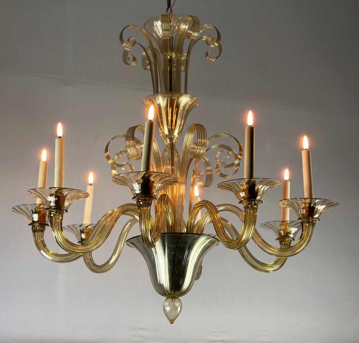 Venetian Chandelier In Golden Murano Glass, 8 Arms Of Light Circa 1940