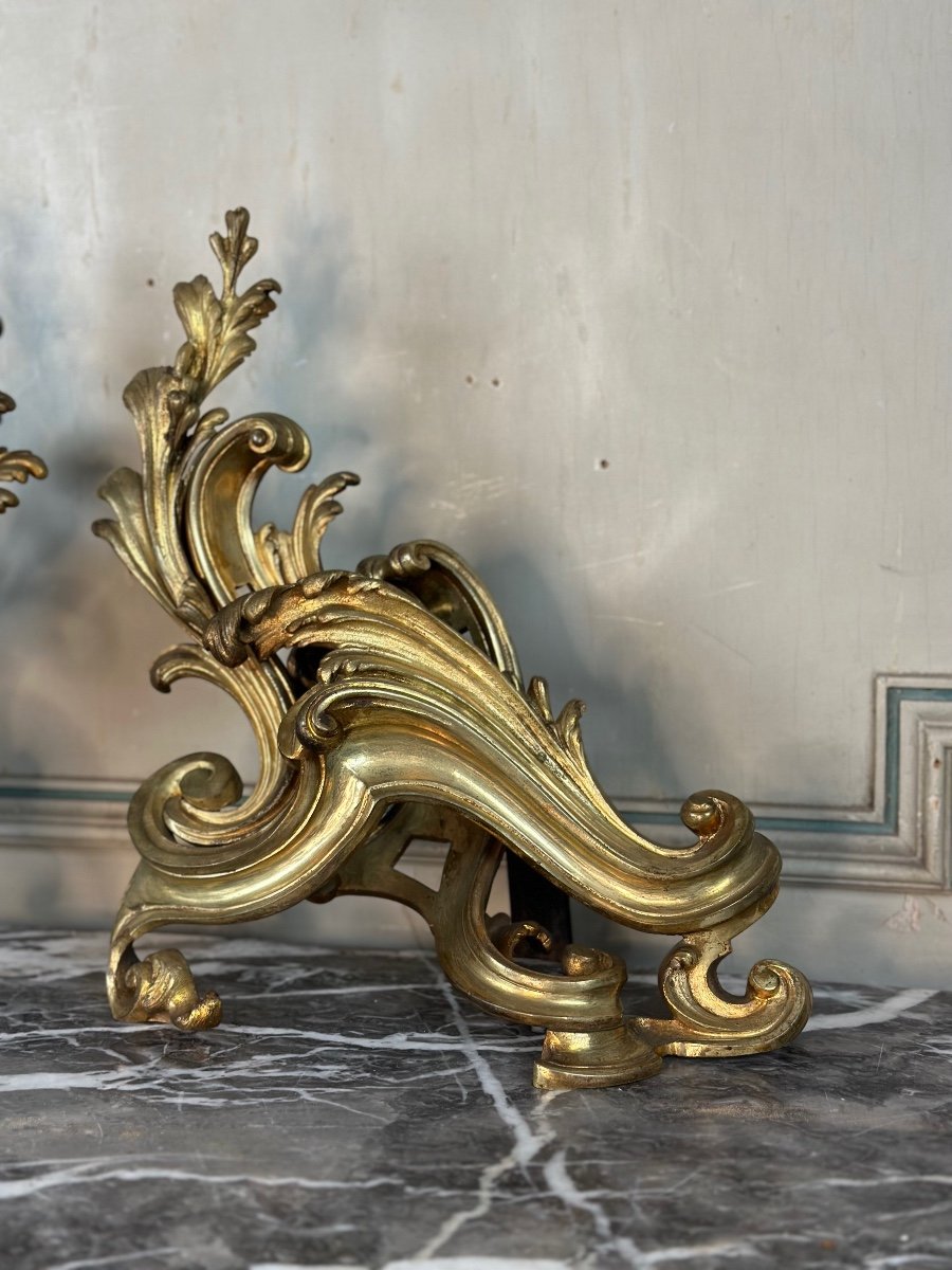 Pair Of Louis XV Style Andirons In Gilt Bronze Circa 1880-photo-5