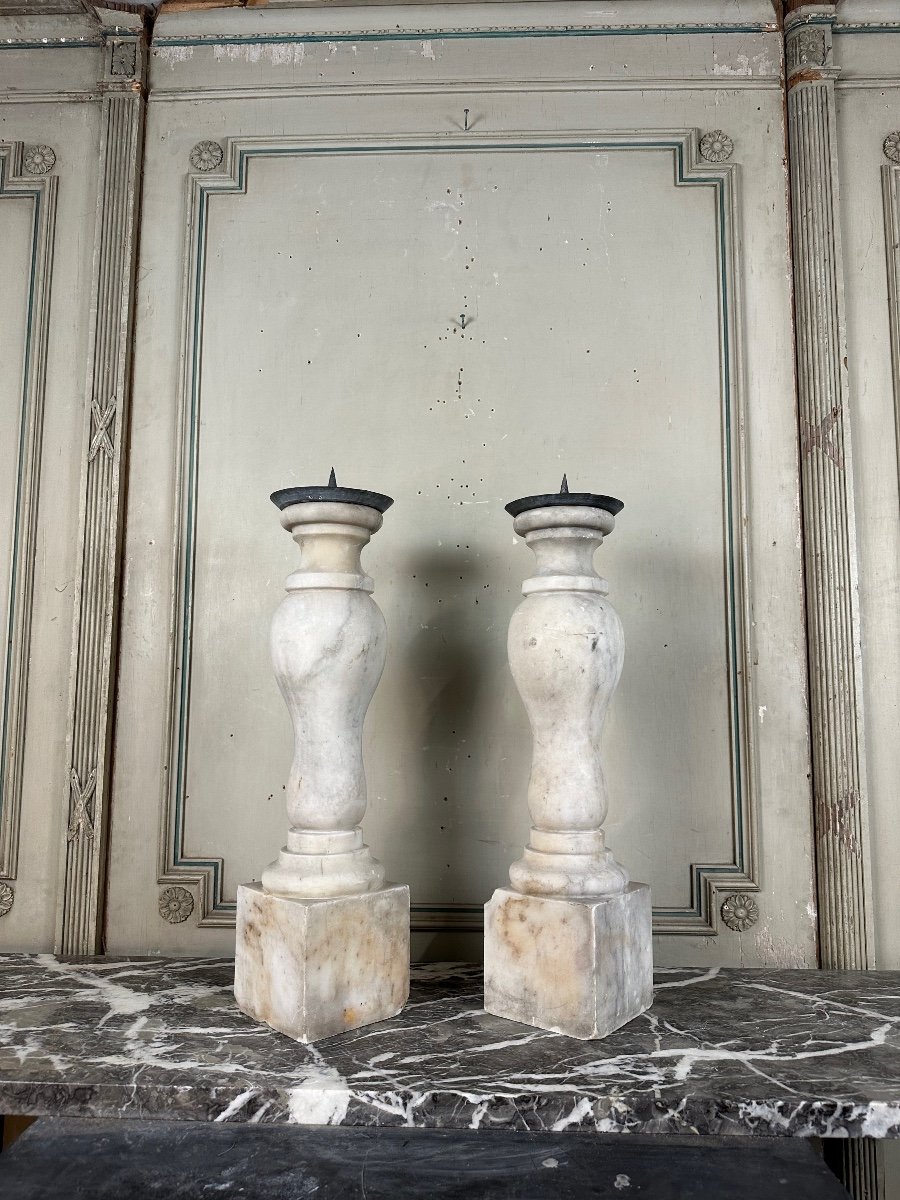 Pair Of Carrara Marble Candlesticks, XIXth Century-photo-1