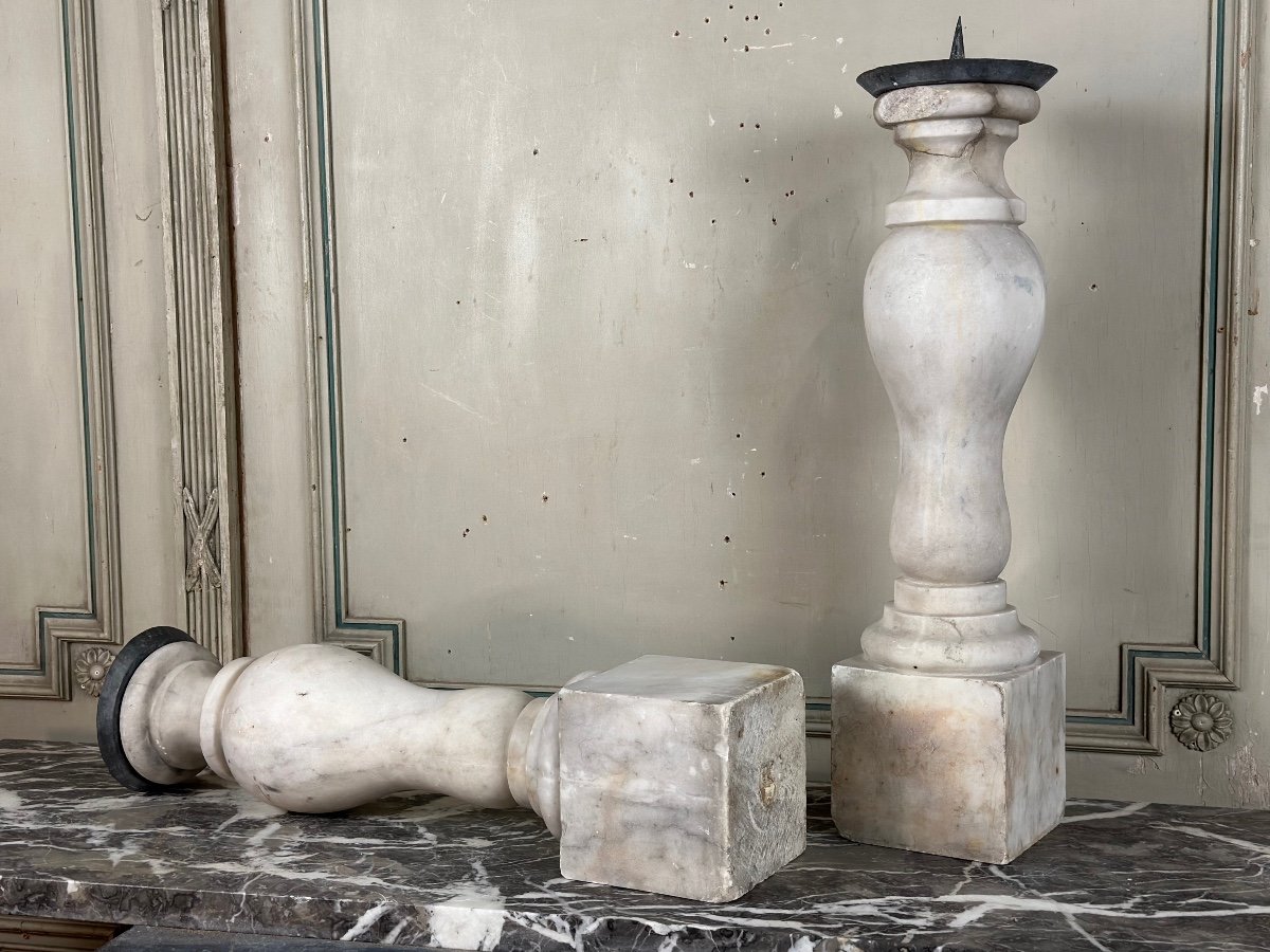 Pair Of Carrara Marble Candlesticks, XIXth Century-photo-2