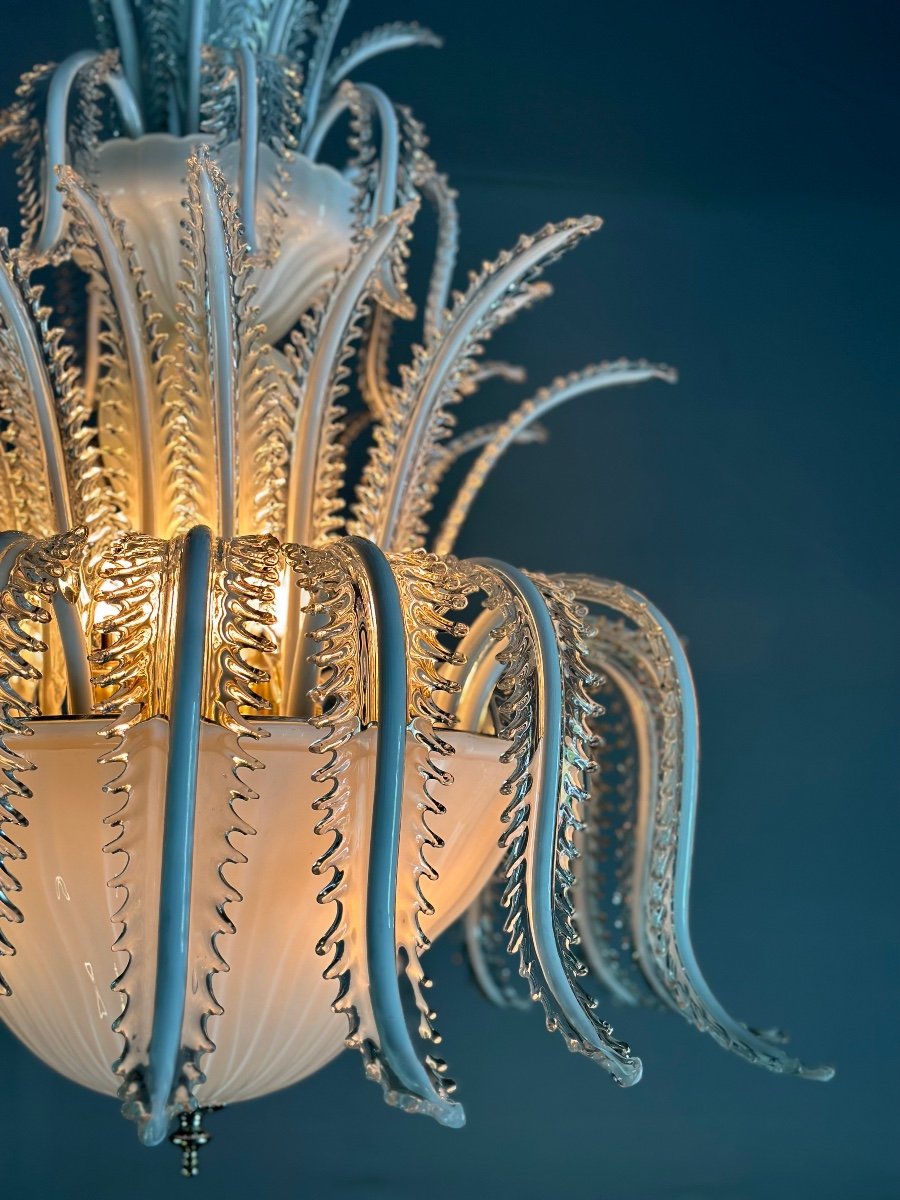 Venetian Chandelier In White And Golden Murano Glass, Circa 1980-photo-2