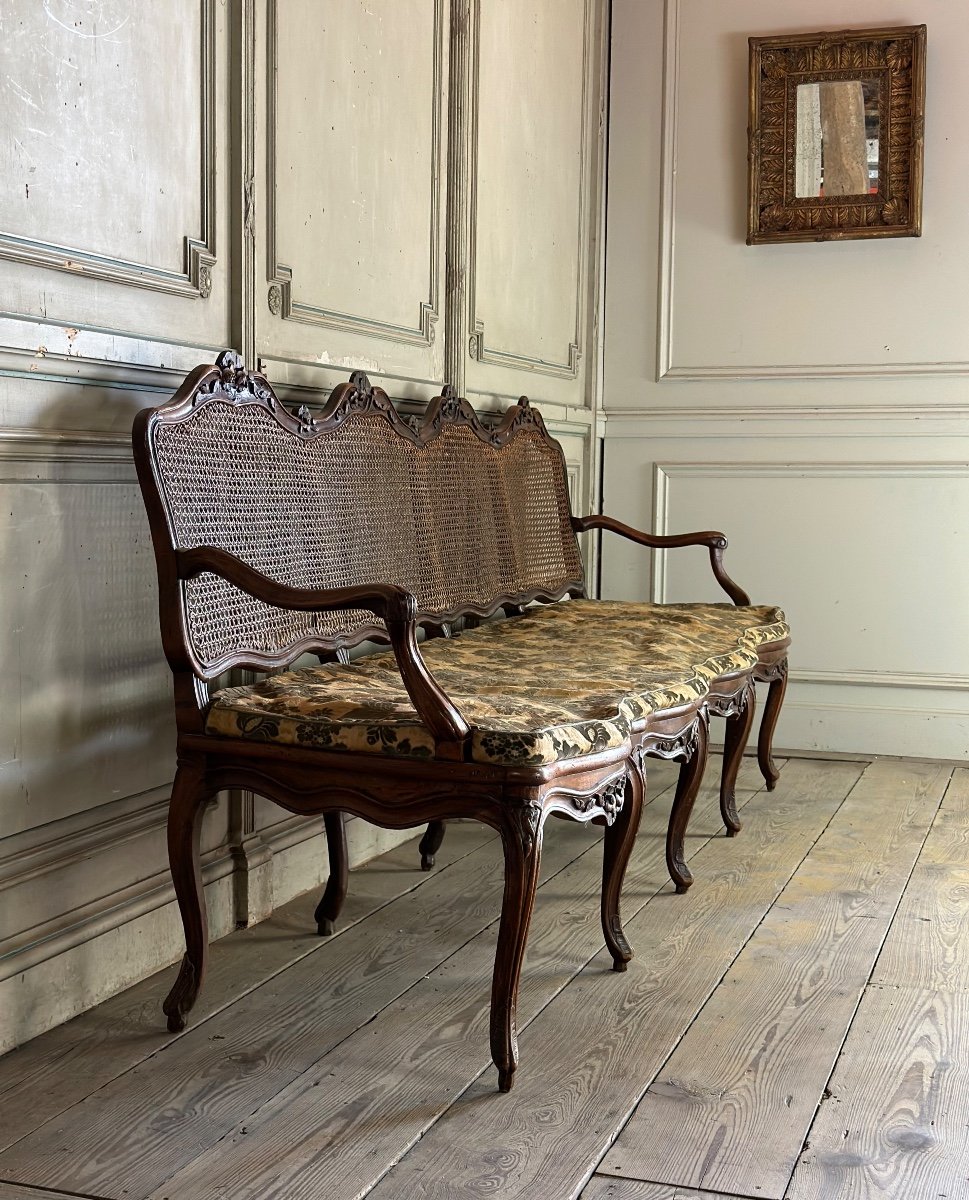 Large Louis XV Bench In Molded And Carved Natural Wood France Eighteenth Century