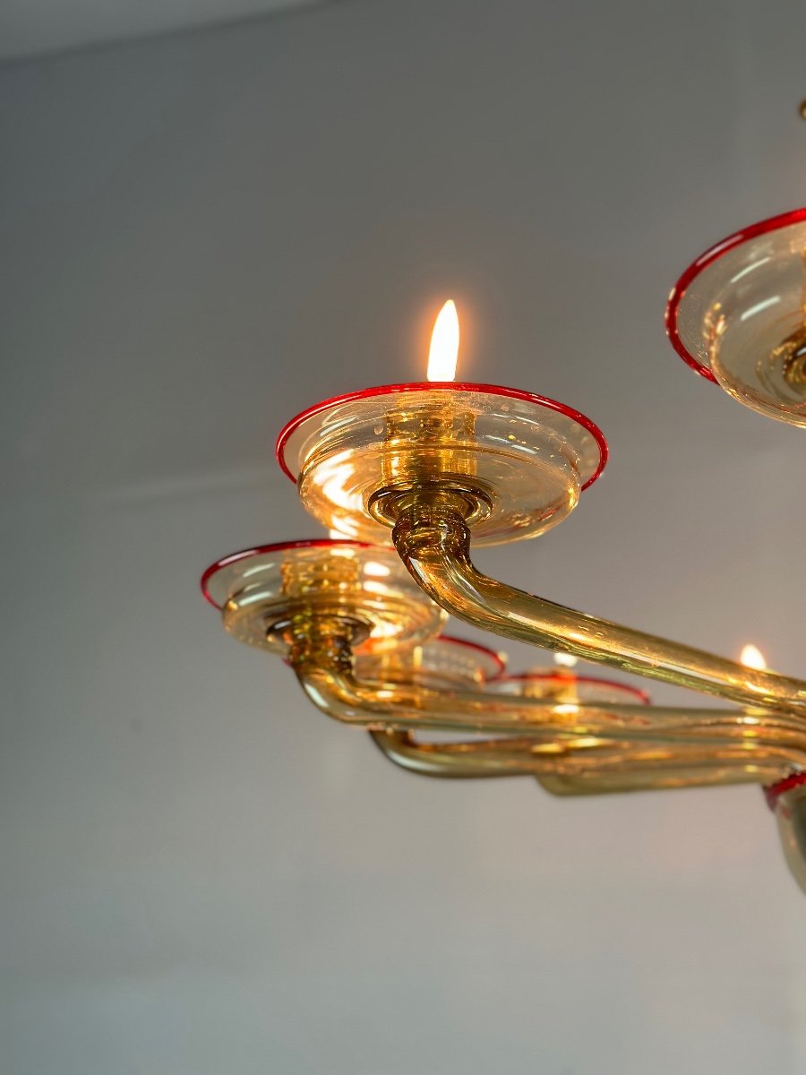 Venetian Chandelier In Golden Murano Glass Mordoré And Red, Venini Circa 1940-photo-4