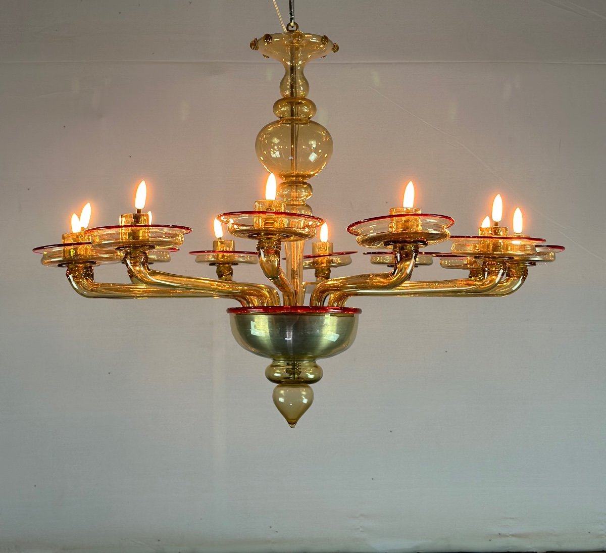 Venetian Chandelier In Golden Murano Glass Mordoré And Red, Venini Circa 1940