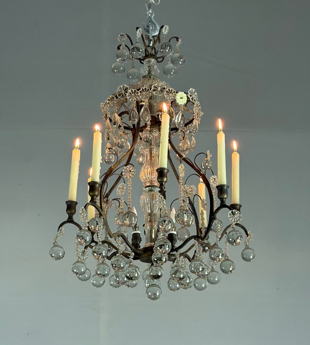 Cage Chandelier Garnished With Ball-shaped Pampilles Circa 1900-photo-2