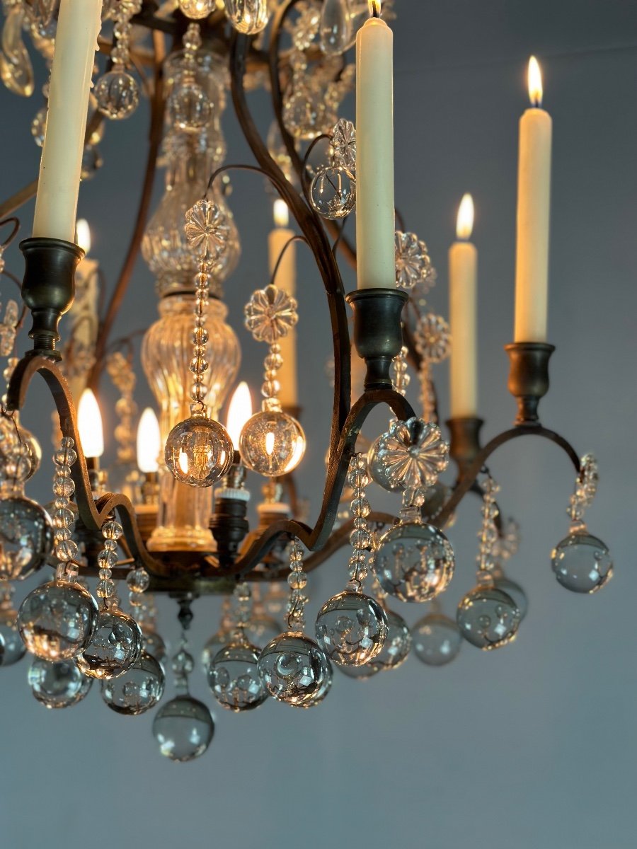 Cage Chandelier Garnished With Ball-shaped Pampilles Circa 1900-photo-2