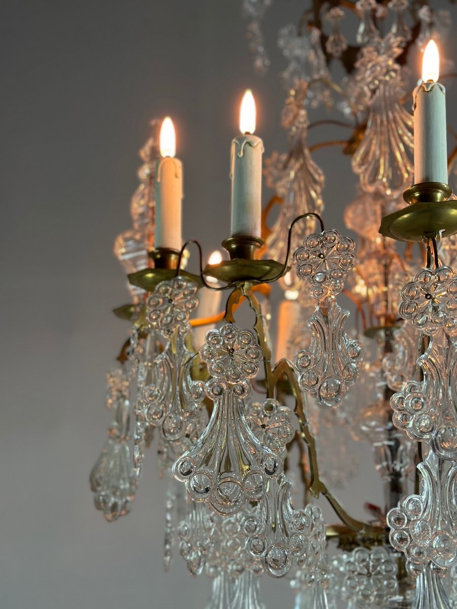 Lustre Cage En Bronze Garni De Pampilles En Verre Moulé En Forme De Plumes De Paon Vers 1800-photo-4