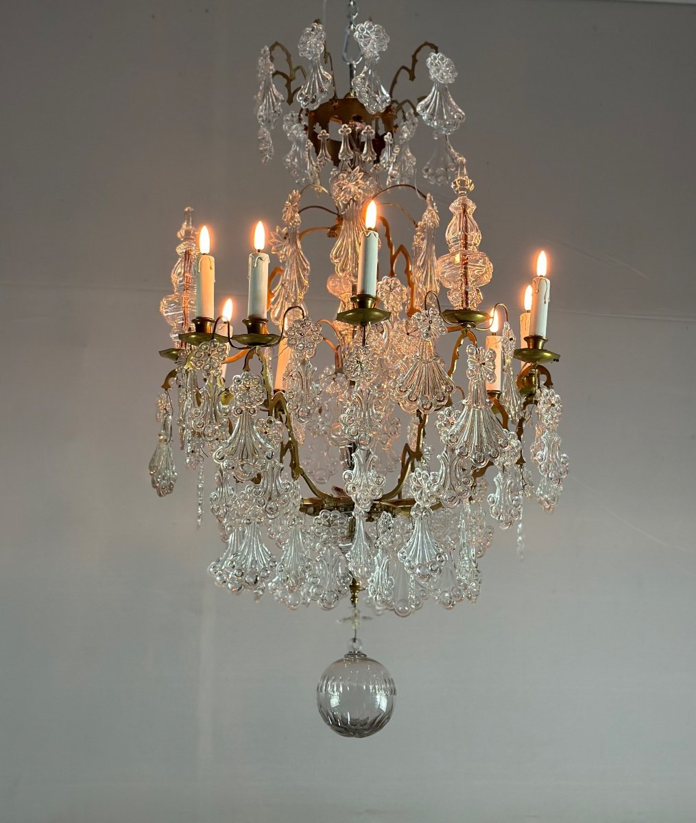 Lustre Cage En Bronze Garni De Pampilles En Verre Moulé En Forme De Plumes De Paon Vers 1800