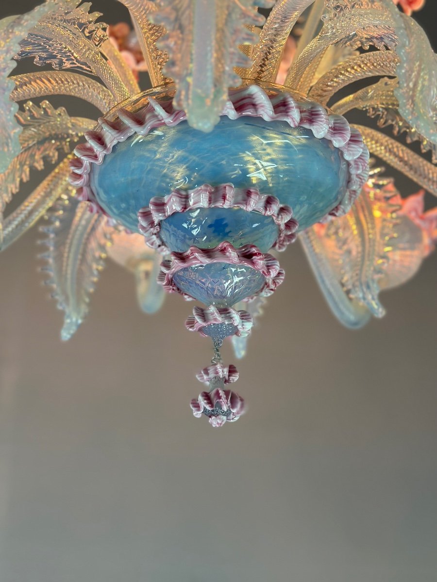 Venetian Chandelier In Blue And Pink Murano Glass, 8 Arms Of Light Circa 1940-photo-4