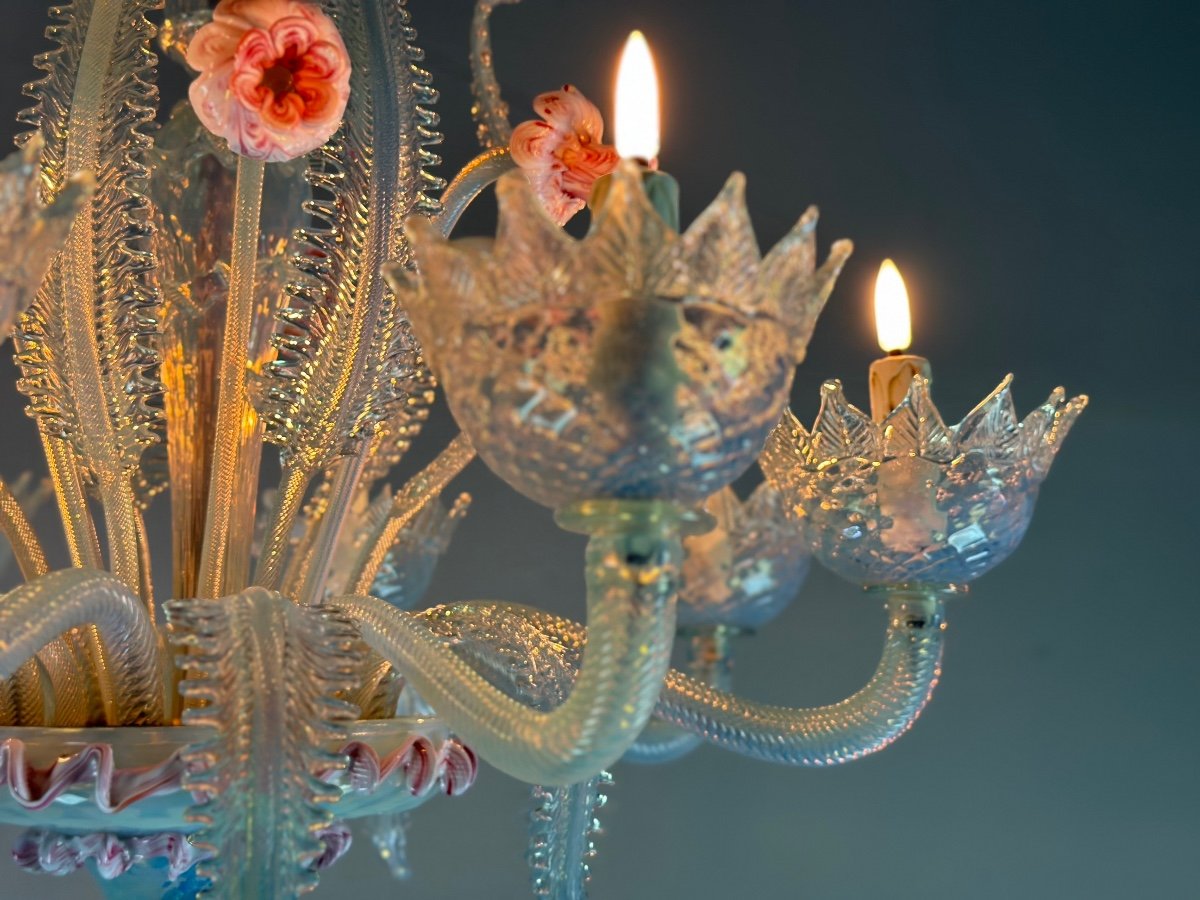 Venetian Chandelier In Blue And Pink Murano Glass, 8 Arms Of Light Circa 1940-photo-2