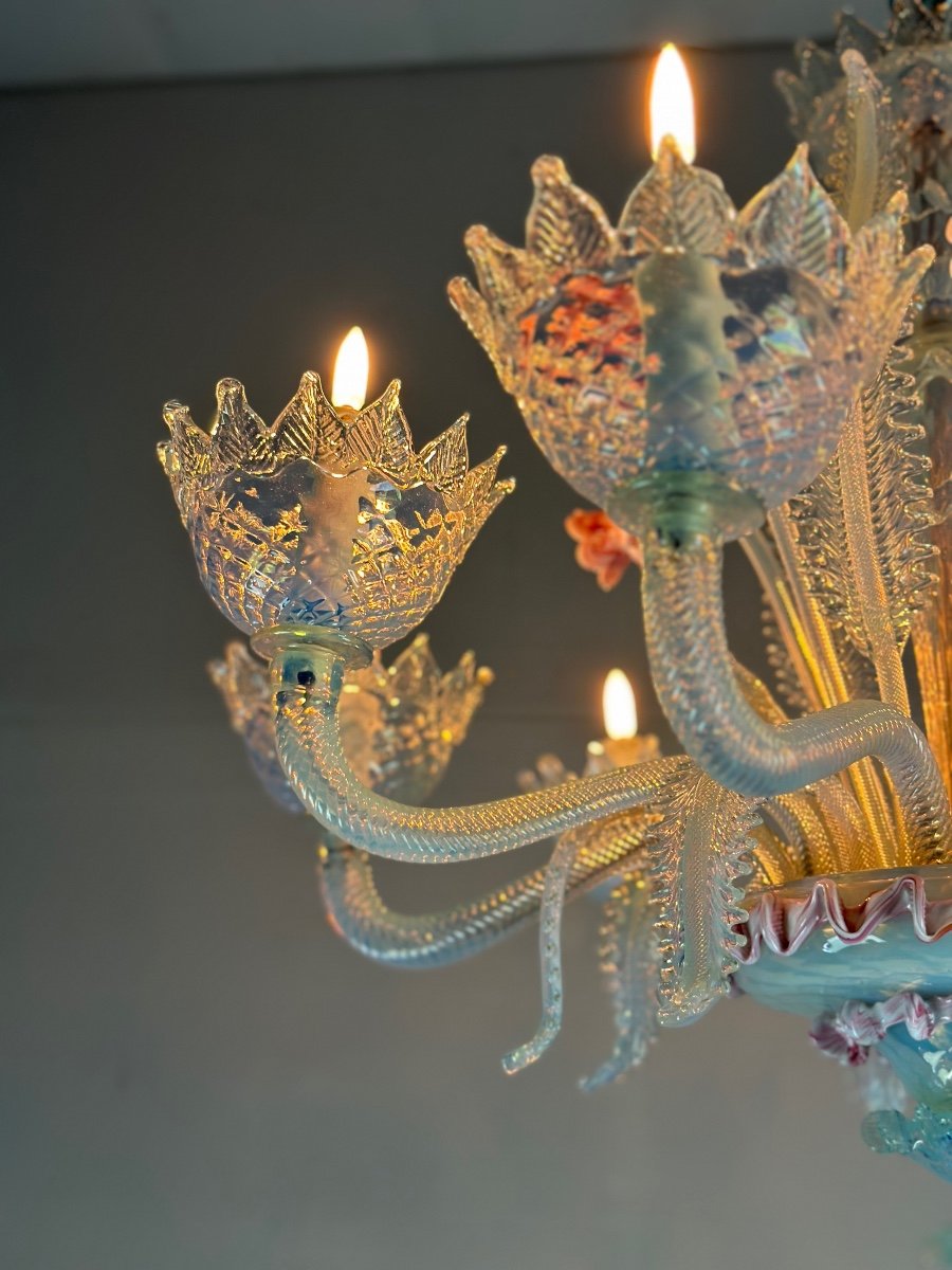 Venetian Chandelier In Blue And Pink Murano Glass, 8 Arms Of Light Circa 1940-photo-4