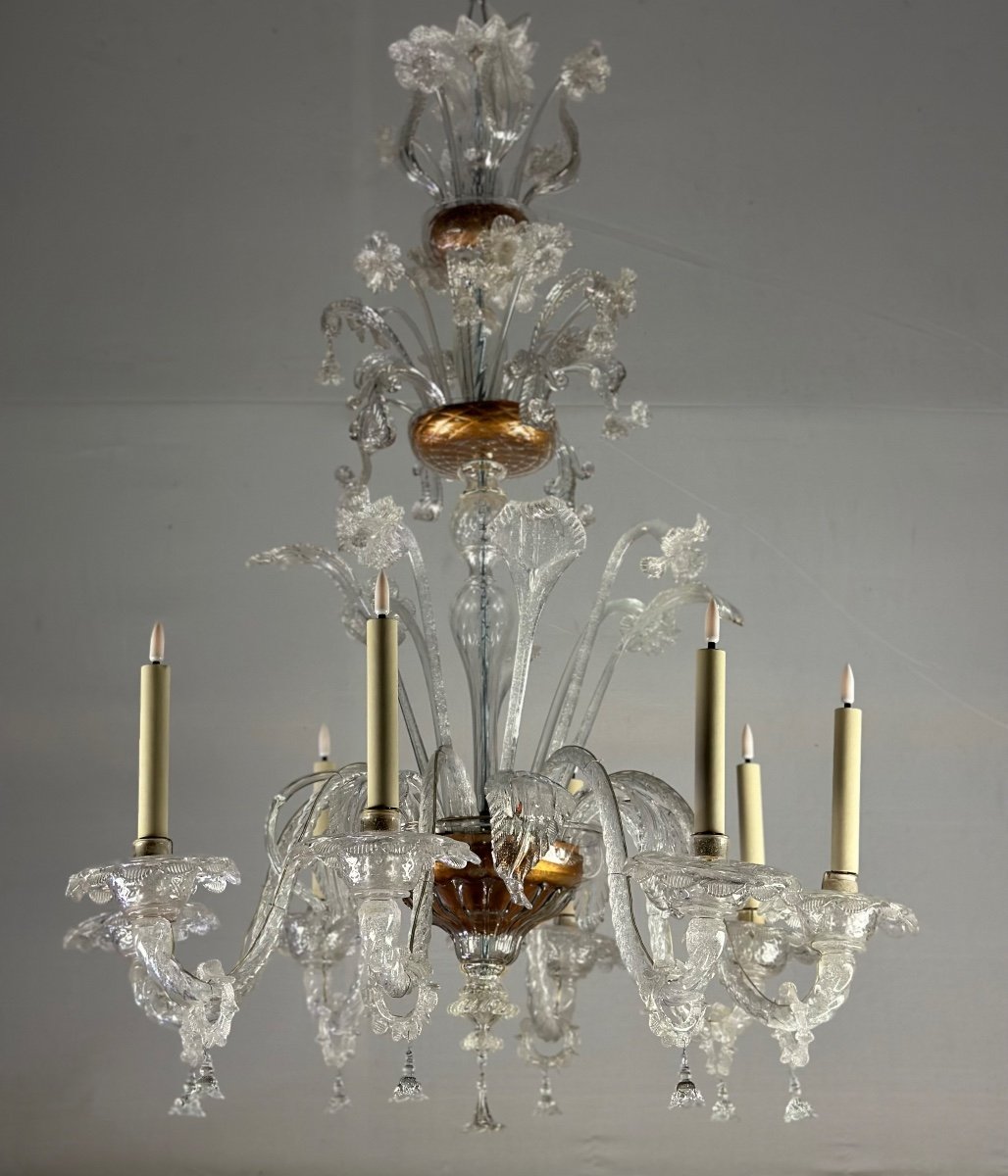 Lustre En Verre De Murano Incolore 8 Bras De Lumière Vers 1890-photo-5