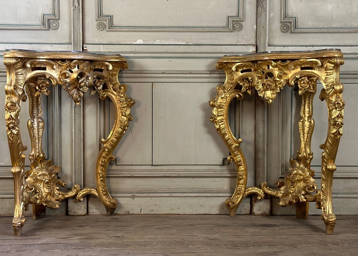 Pair Of Baroque Style Gilded Carved Wood Consoles, Italy Circa 1880-photo-4