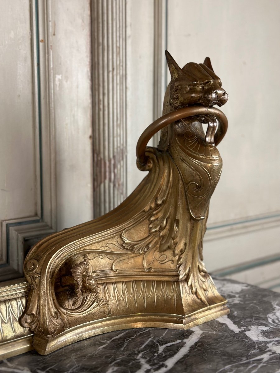 Pair Of Art Nouveau Style Bronze Andirons, Stylized Lionesses Circa 1910-photo-1