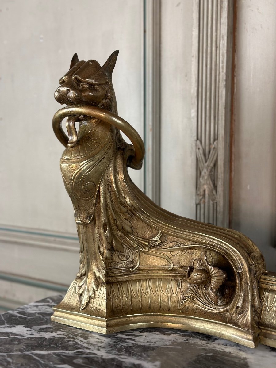 Pair Of Art Nouveau Style Bronze Andirons, Stylized Lionesses Circa 1910-photo-2