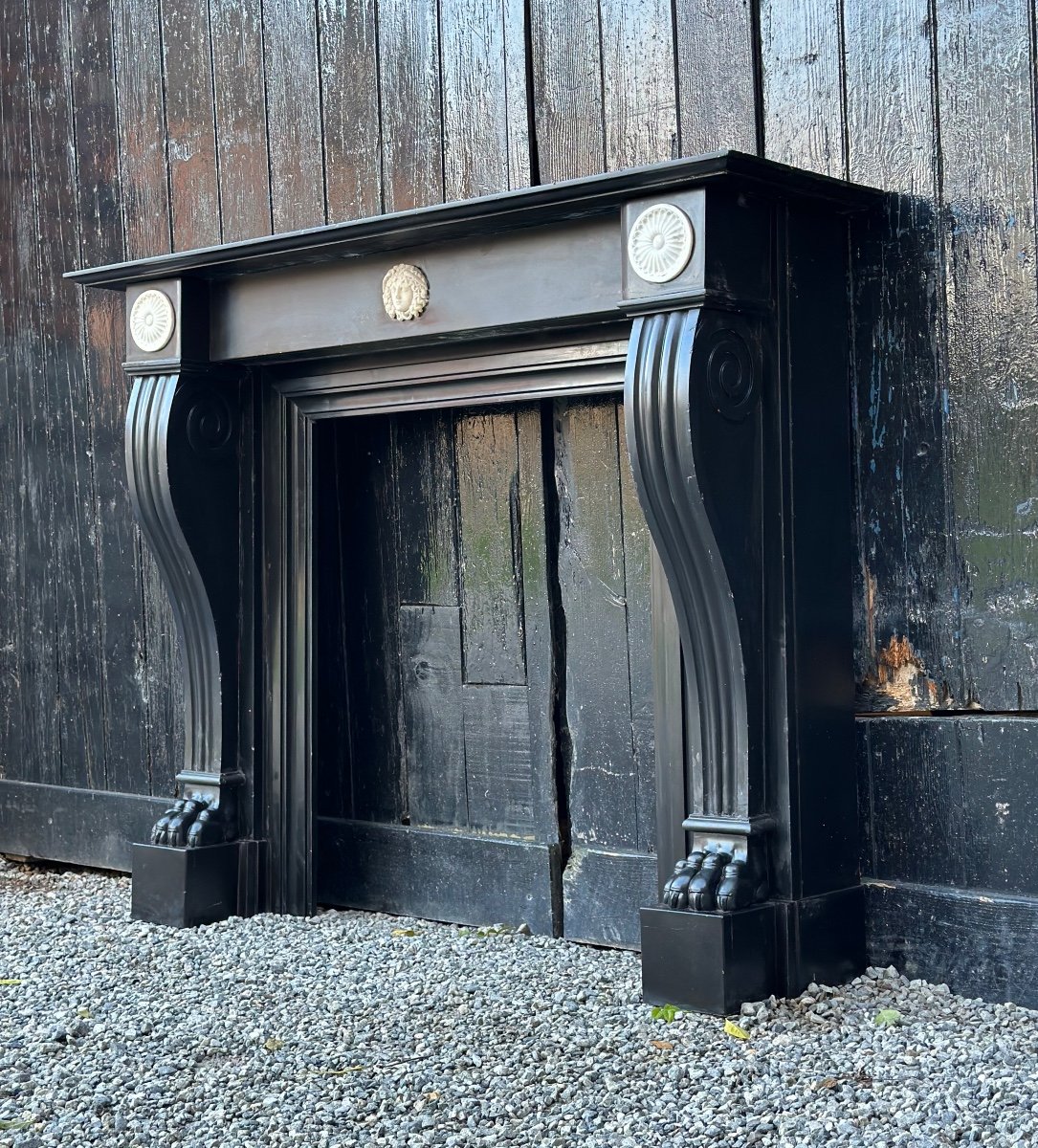 Belgian Black Marble Fireplace And Statuary White Mascarons, 19th Century