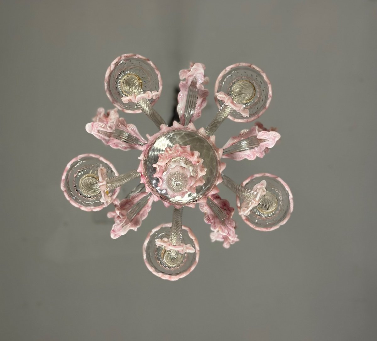 Petit Lustre Vénitien En Verre De Murano Incolore Et Rose 5 Bras De Lumière Vers 1920-photo-2