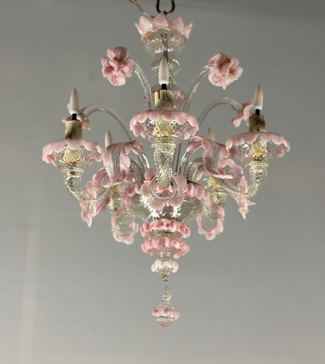 Small Venetian Chandelier In Colorless And Pink Murano Glass 5 Arms Of Light Circa 1920-photo-4