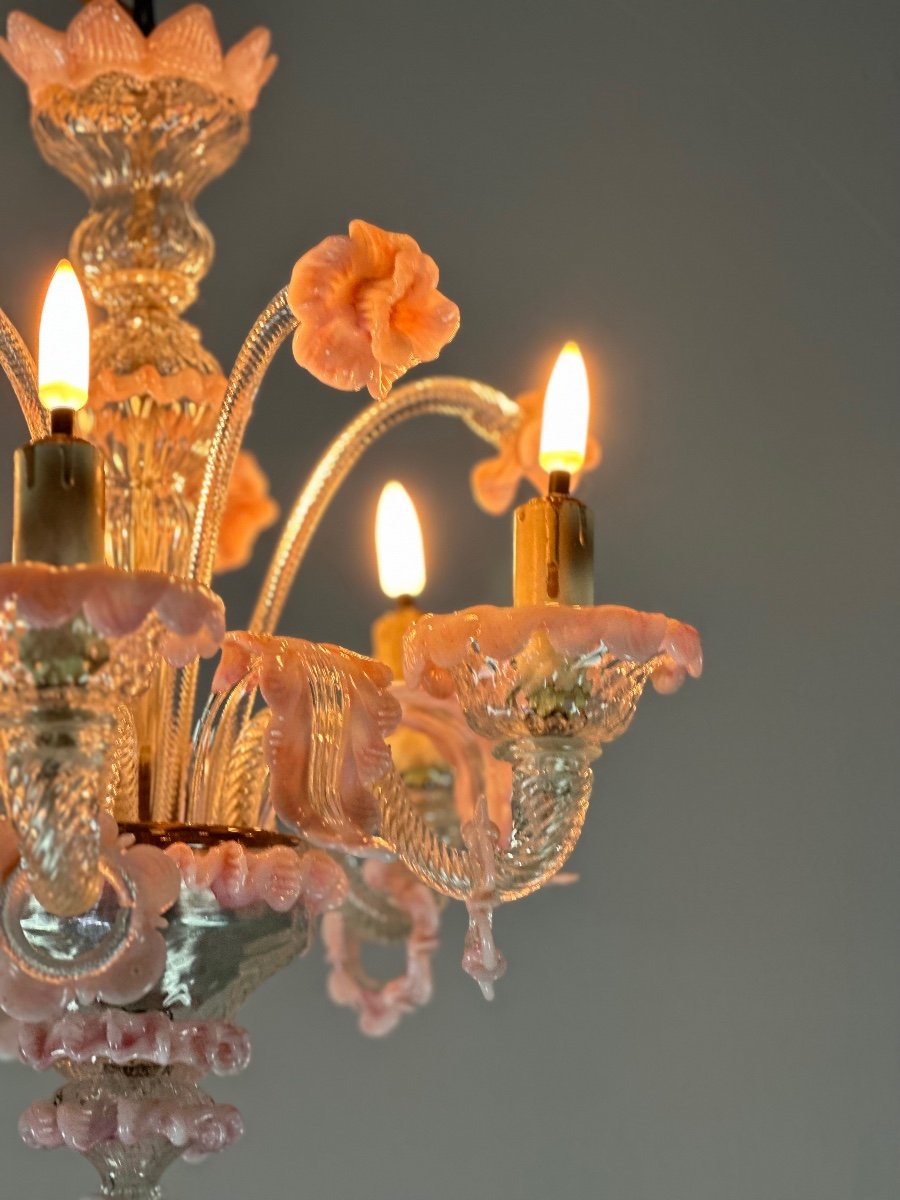 Small Venetian Chandelier In Colorless And Pink Murano Glass 5 Arms Of Light Circa 1920-photo-1