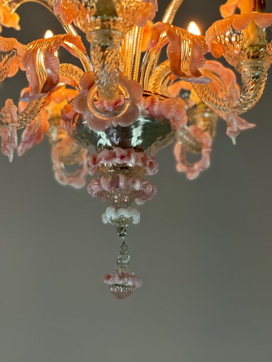 Small Venetian Chandelier In Colorless And Pink Murano Glass 5 Arms Of Light Circa 1920-photo-2