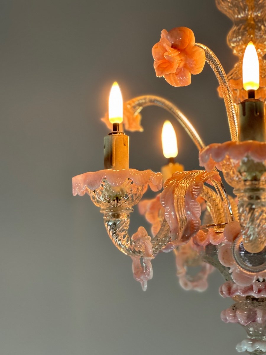 Small Venetian Chandelier In Colorless And Pink Murano Glass 5 Arms Of Light Circa 1920-photo-3