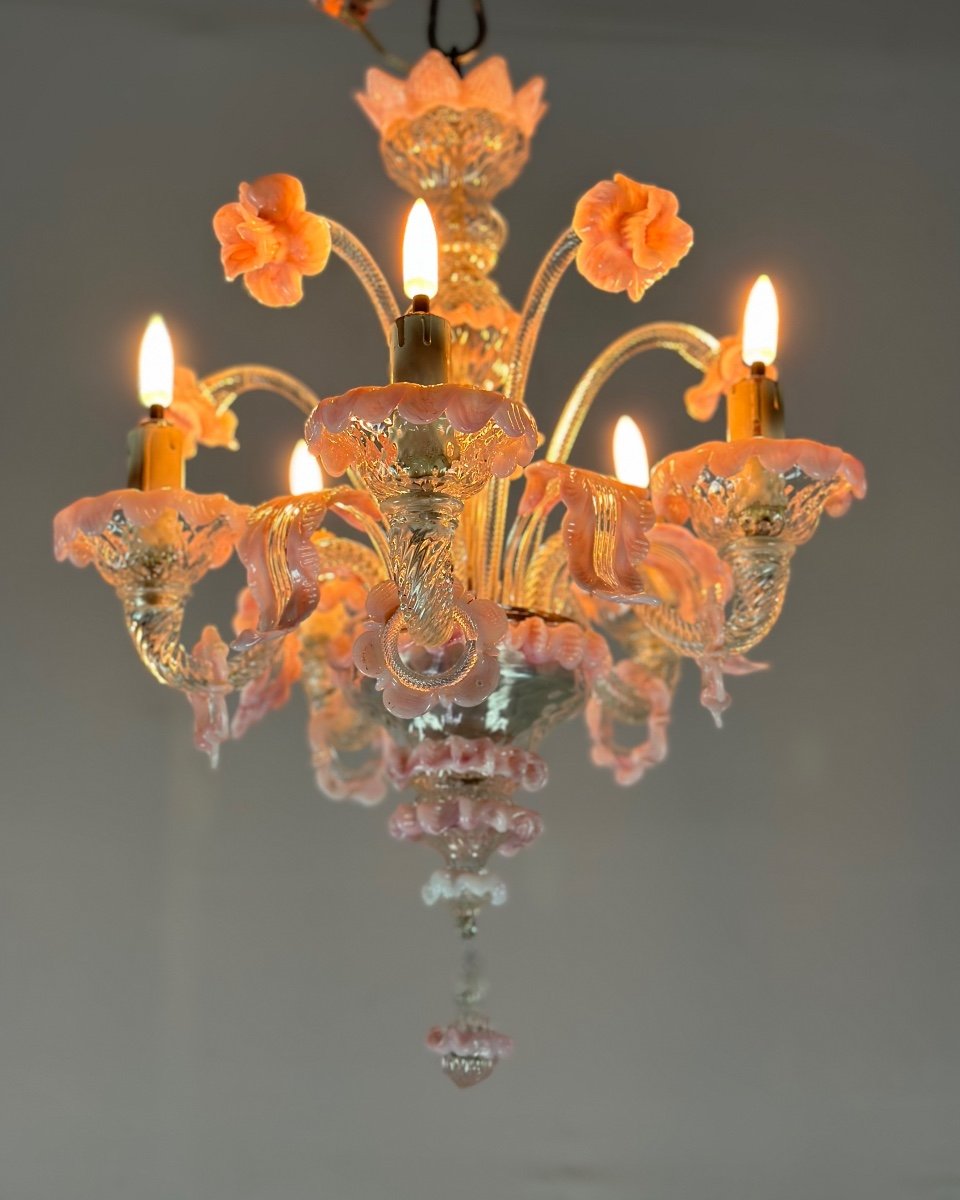Petit Lustre Vénitien En Verre De Murano Incolore Et Rose 5 Bras De Lumière Vers 1920-photo-4