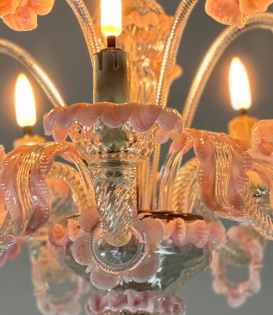 Small Venetian Chandelier In Colorless And Pink Murano Glass 5 Arms Of Light Circa 1920-photo-5