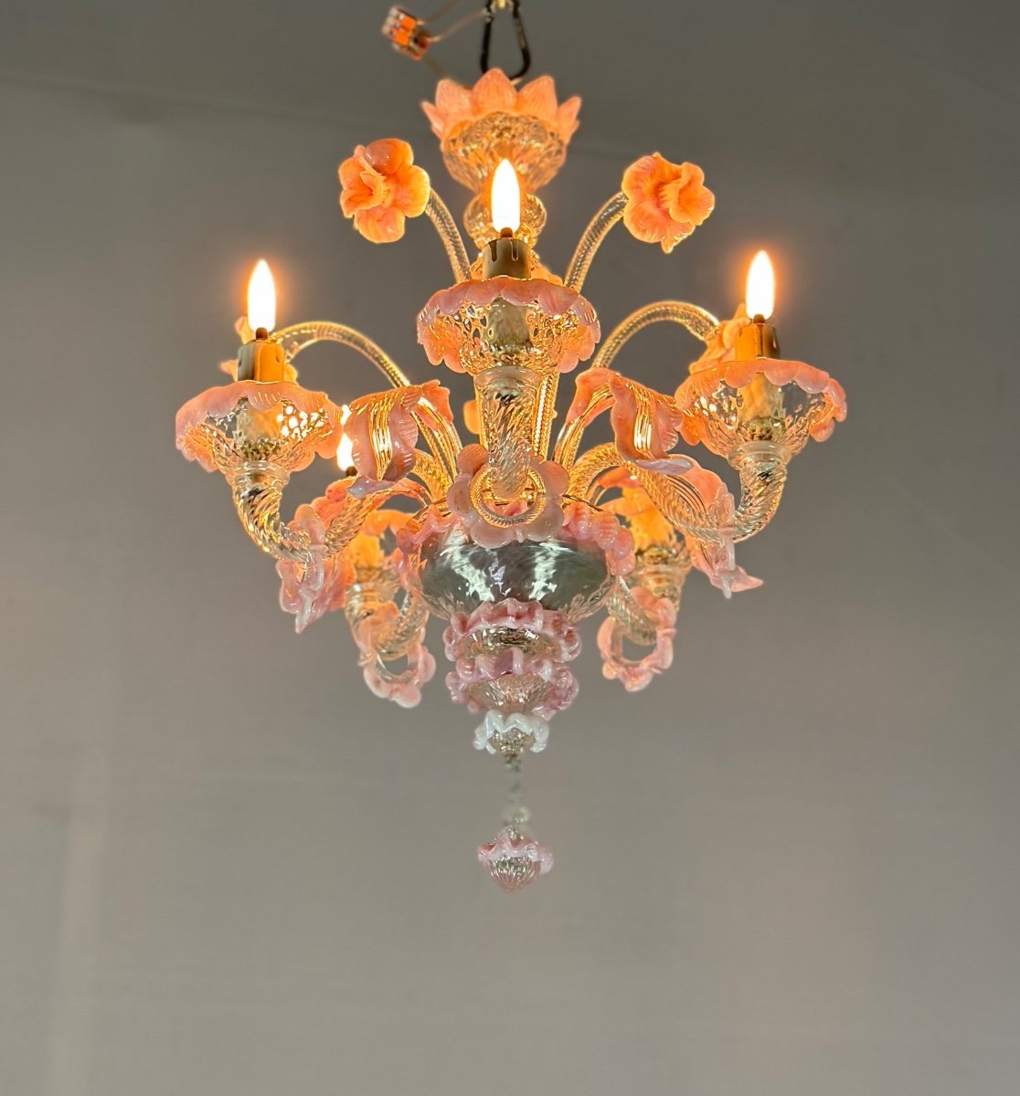 Small Venetian Chandelier In Colorless And Pink Murano Glass 5 Arms Of Light Circa 1920-photo-6