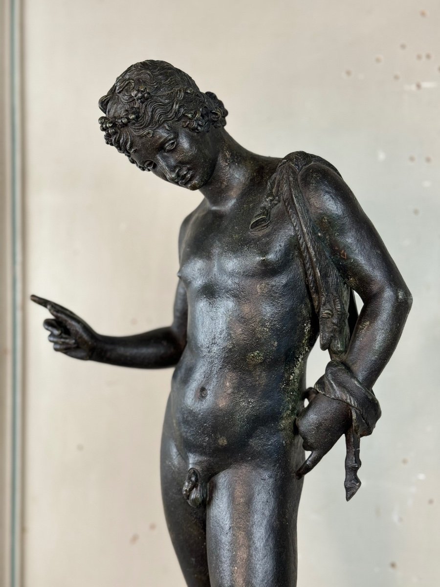 Narcissus, Bronze Excavated Black Patina, From The Antique, Signature On The Base Michele Amodio-photo-2