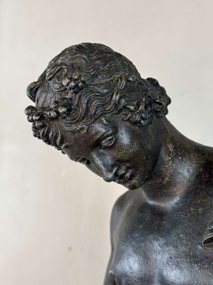 Narcissus, Bronze Excavated Black Patina, From The Antique, Signature On The Base Michele Amodio-photo-3