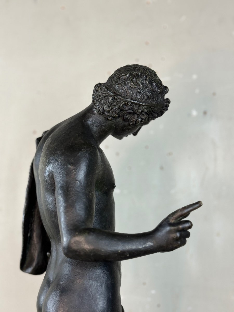 Narcissus, Bronze Excavated Black Patina, From The Antique, Signature On The Base Michele Amodio-photo-7
