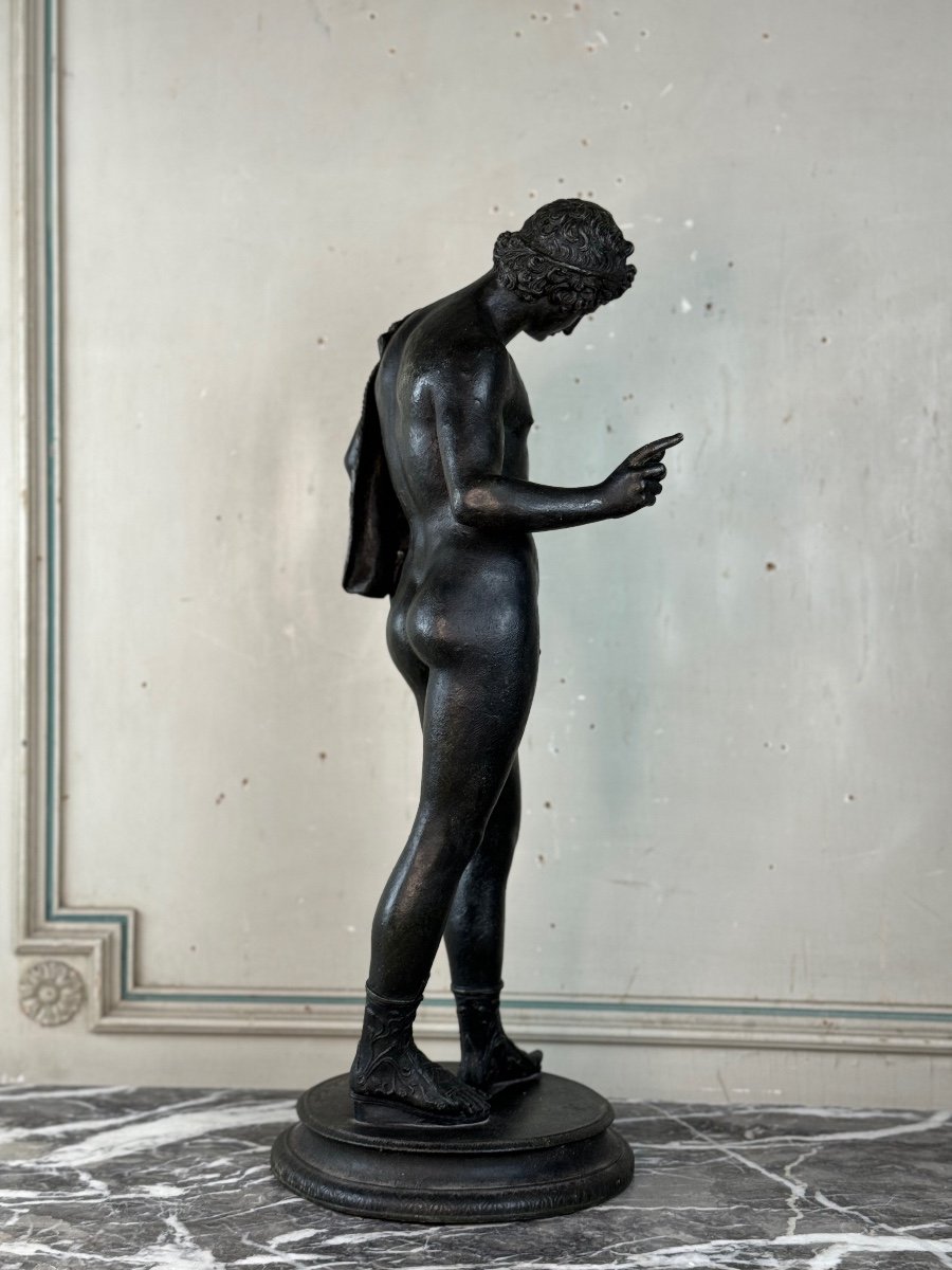 Narcissus, Bronze Excavated Black Patina, From The Antique, Signature On The Base Michele Amodio-photo-8