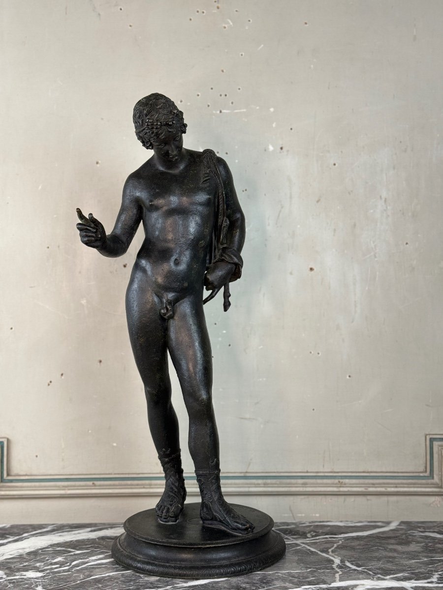 Narcissus, Bronze Excavated Black Patina, From The Antique, Signature On The Base Michele Amodio