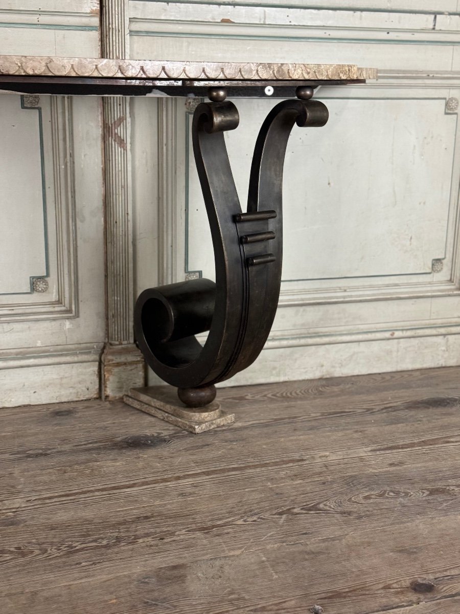 Iron Console With Double Winding Leg, Beige Marble Top Carved In Belt-photo-1