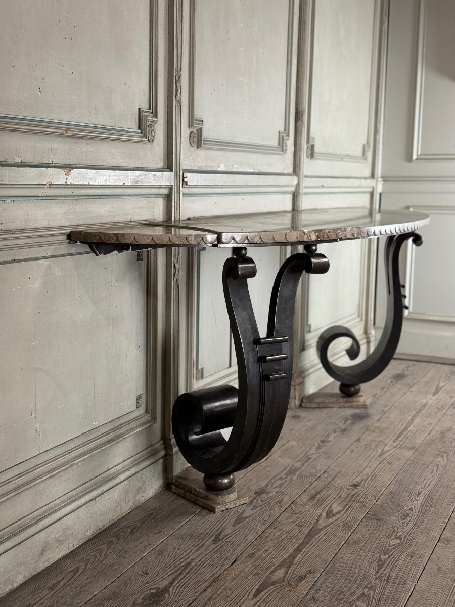 Iron Console With Double Winding Leg, Beige Marble Top Carved In Belt-photo-2