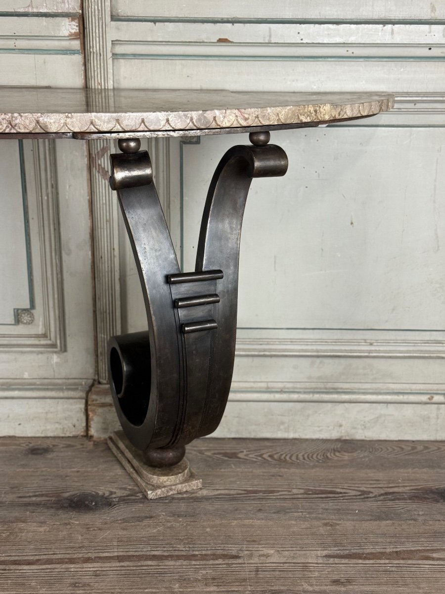 Iron Console With Double Winding Leg, Beige Marble Top Carved In Belt-photo-5