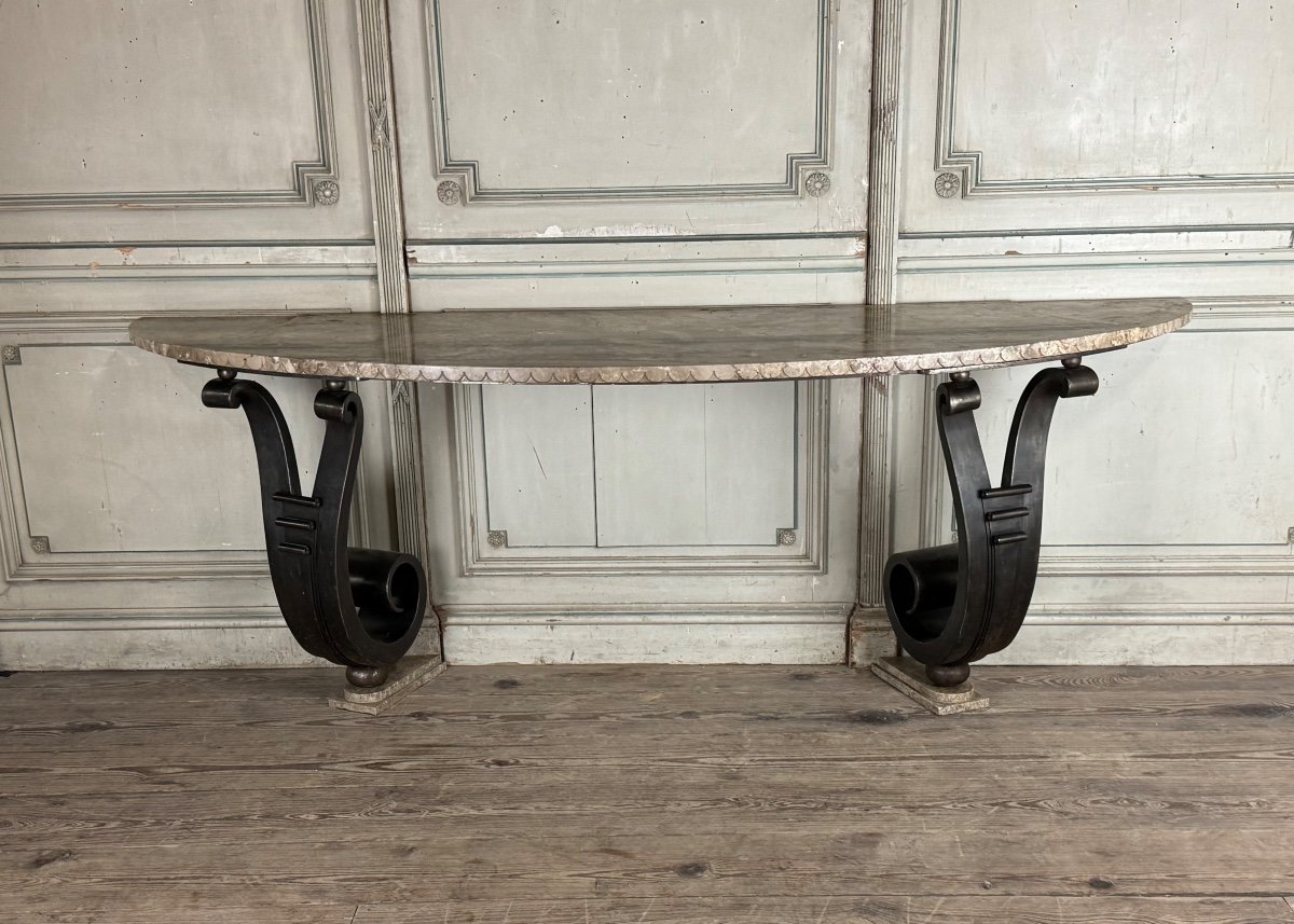 Iron Console With Double Winding Leg, Beige Marble Top Carved In Belt-photo-6