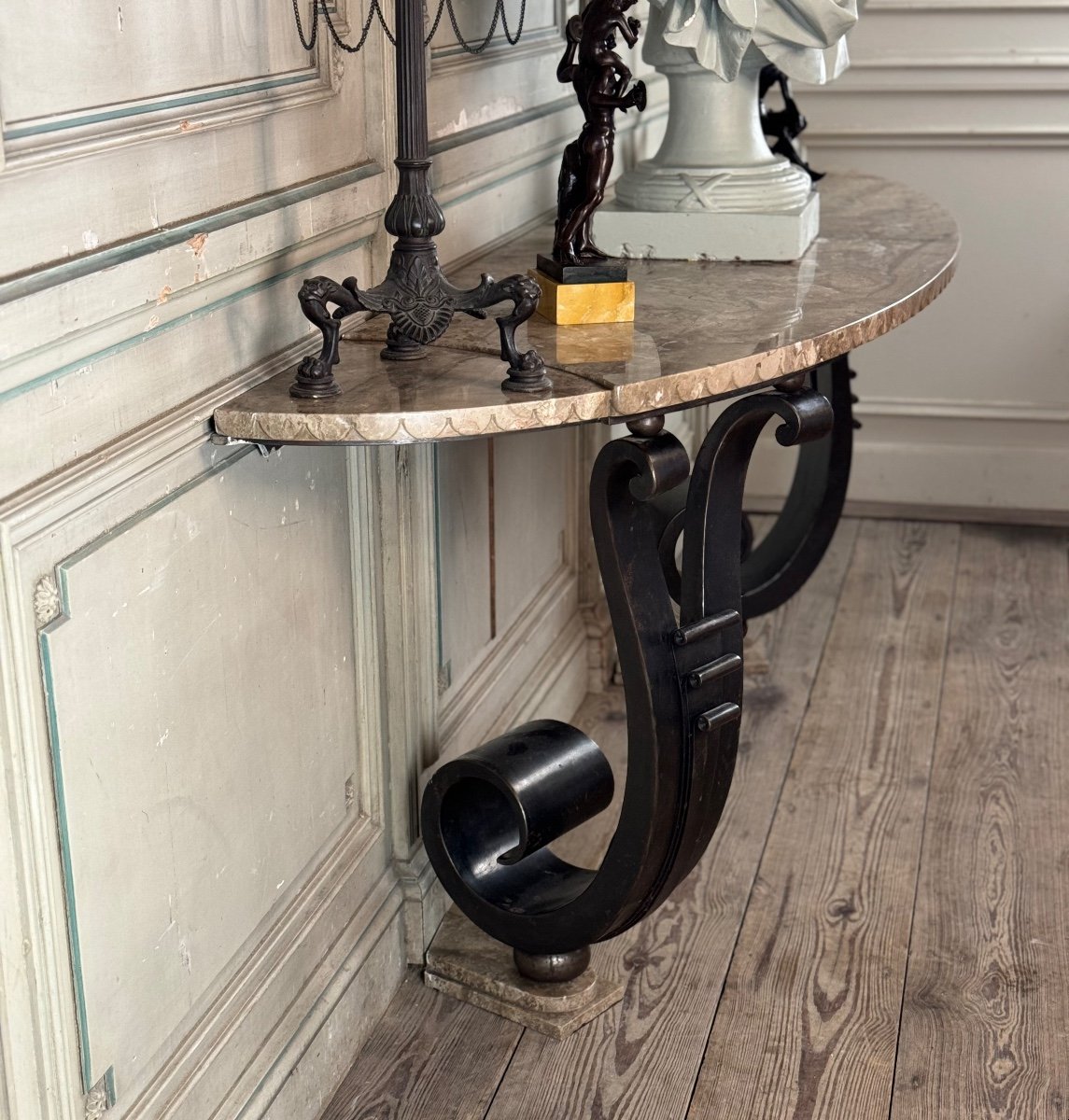 Iron Console With Double Winding Leg, Beige Marble Top Carved In Belt-photo-7