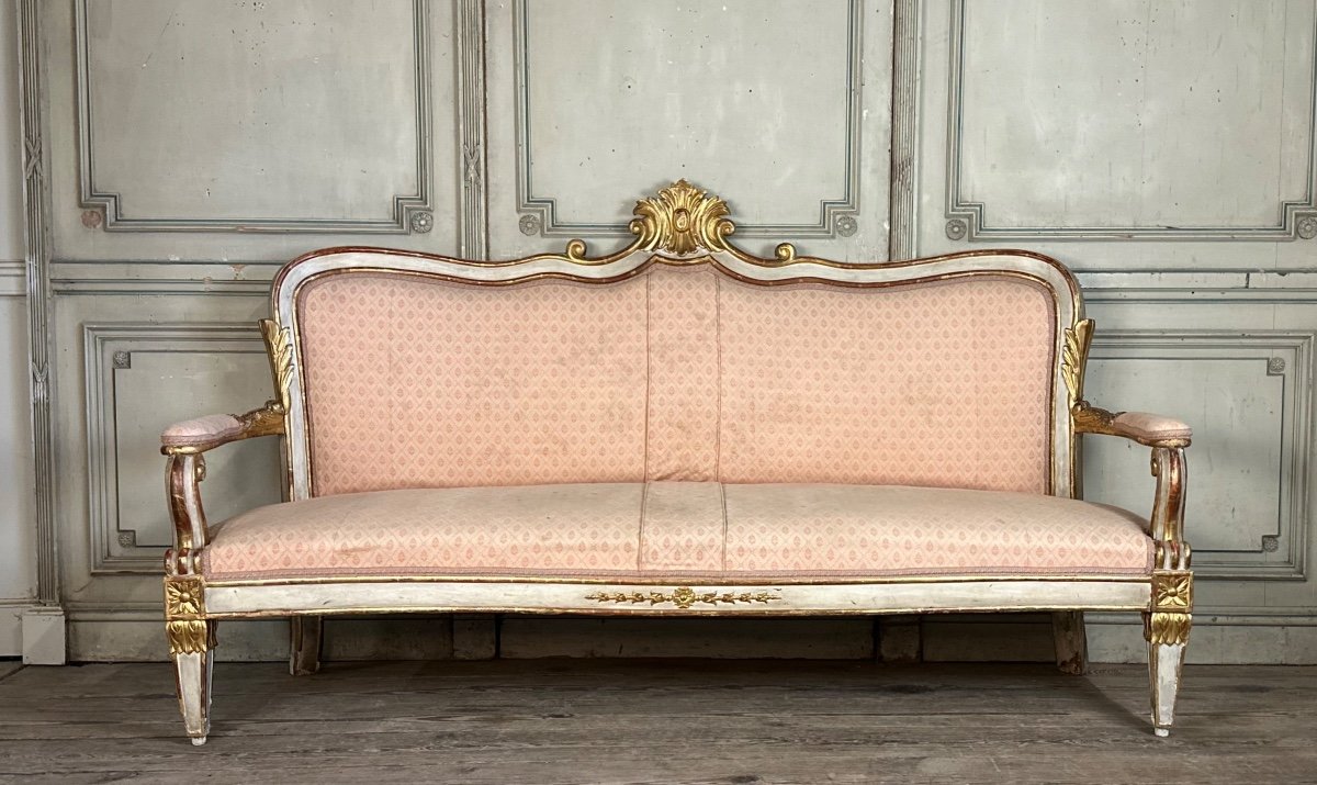 Baroque Style Bench In Golden And Painted Wood, Italy, 19th Century-photo-1